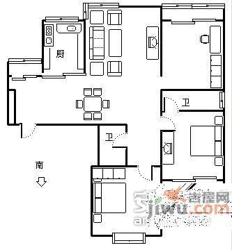 现代家园3室2厅2卫132㎡户型图