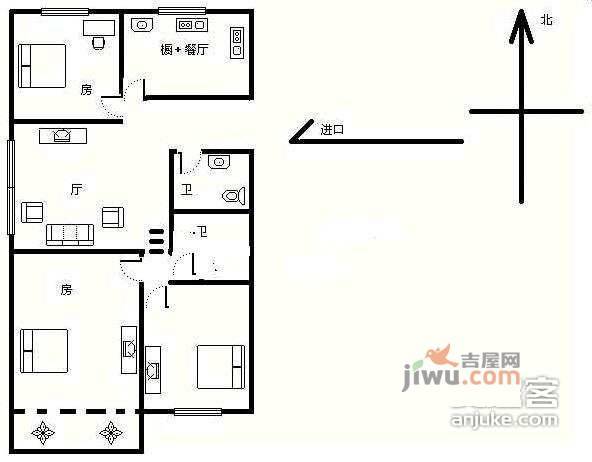 京惠花园3室2厅1卫108㎡户型图