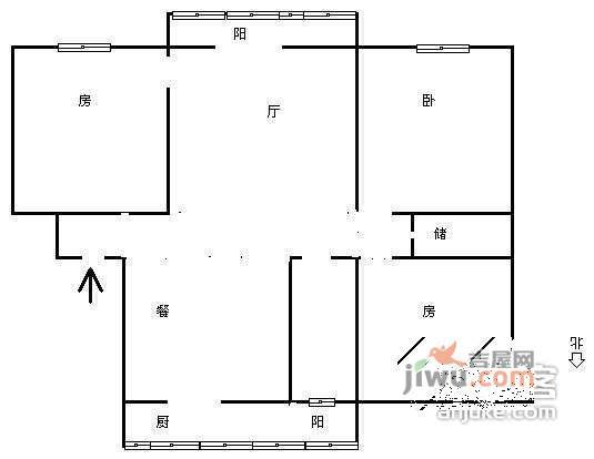 嘉绿苑北区3室2厅1卫107㎡户型图