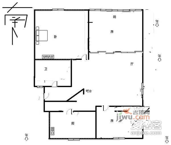 物华小康居住区3室1厅1卫108㎡户型图