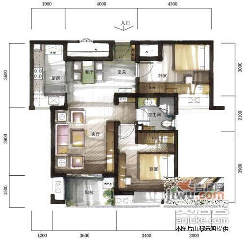 保亿风景蝶院2室2厅1卫124㎡户型图