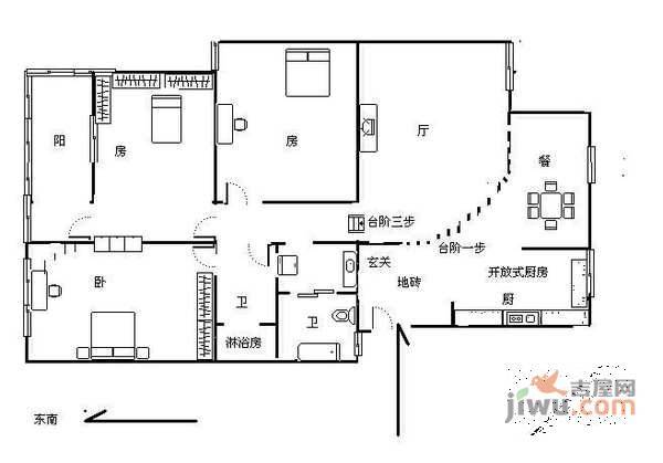 东都公寓3室2厅2卫158㎡户型图