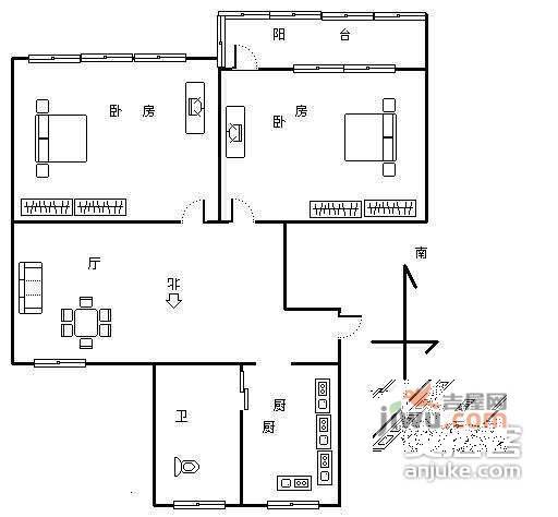 东都公寓2室2厅1卫105㎡户型图