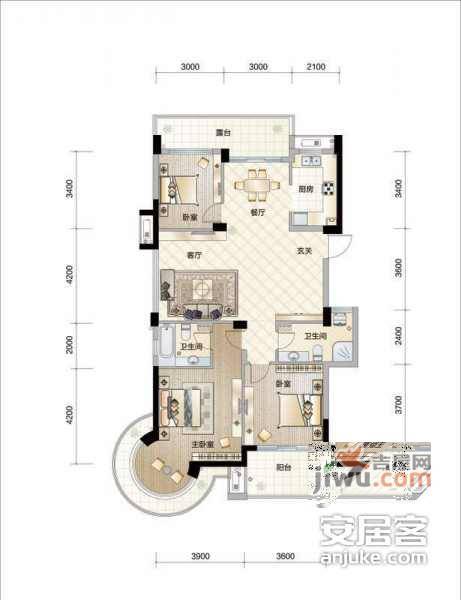 滨江万家星城3室2厅2卫140㎡户型图