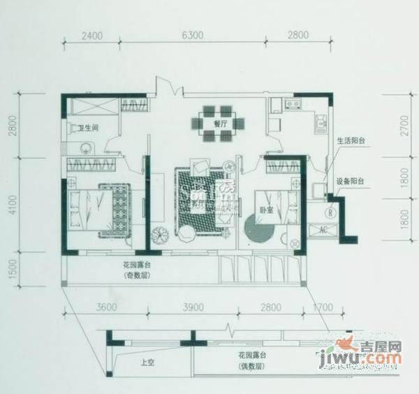 滨江倾城之恋2室2厅1卫112㎡户型图