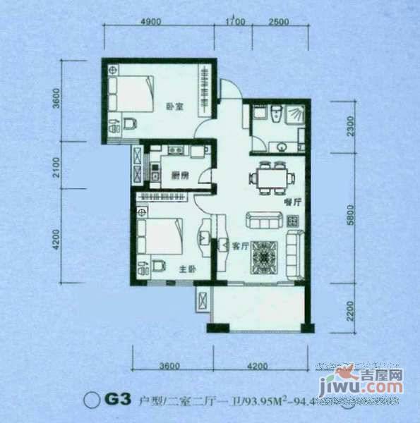 白金海岸花园2室2厅1卫94㎡户型图