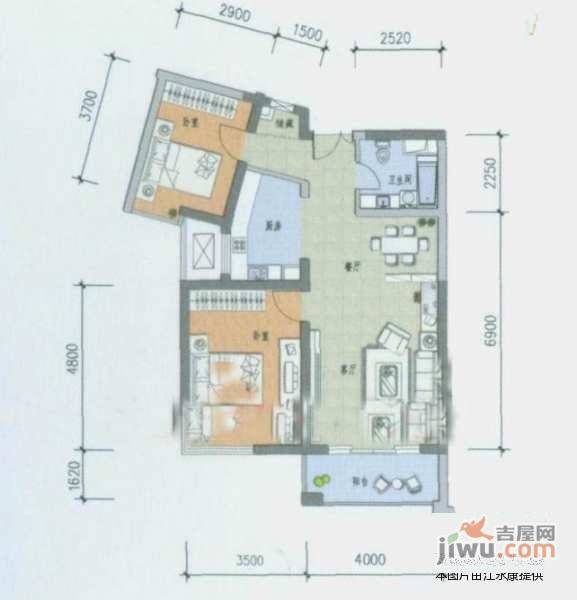 钱江彩虹城2室2厅1卫101㎡户型图