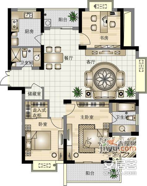 伊萨卡国际城2室2厅2卫97㎡户型图