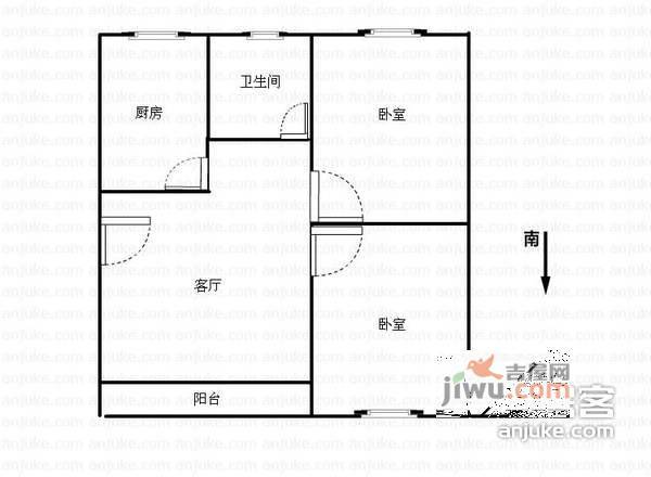 升官渡社区2室1厅1卫77㎡户型图