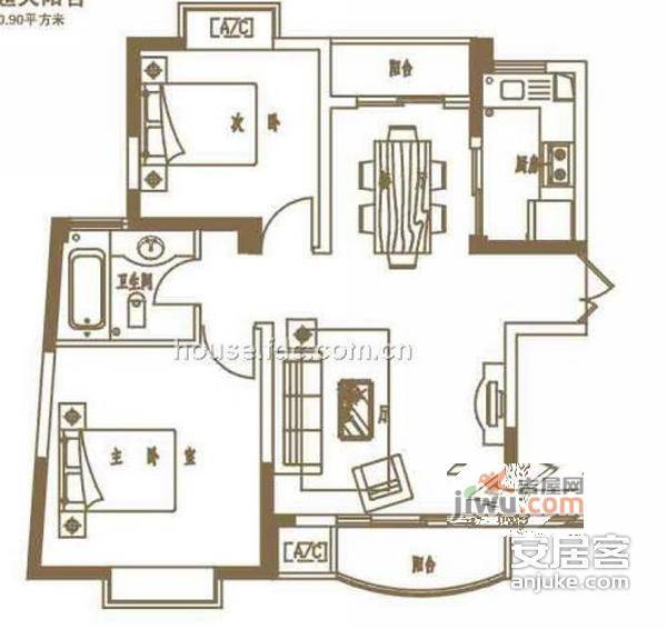 七里晴川2室2厅1卫95㎡户型图