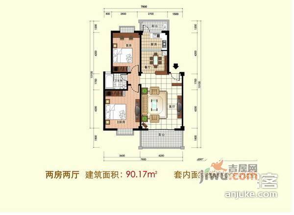 梦湖水岸2室2厅1卫91㎡户型图