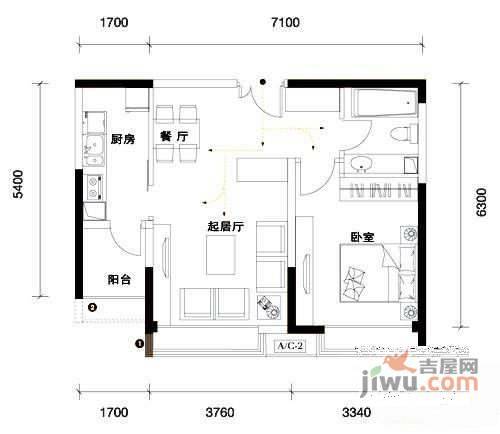 万通上游国际1室2厅1卫60㎡户型图