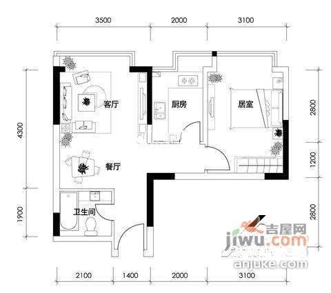 荣泽大厦2室1厅1卫64㎡户型图