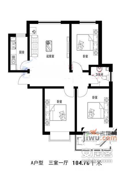 后现代城2室1厅1卫88㎡户型图