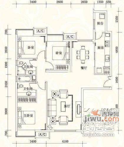 富力城天康园3室2厅2卫163㎡户型图