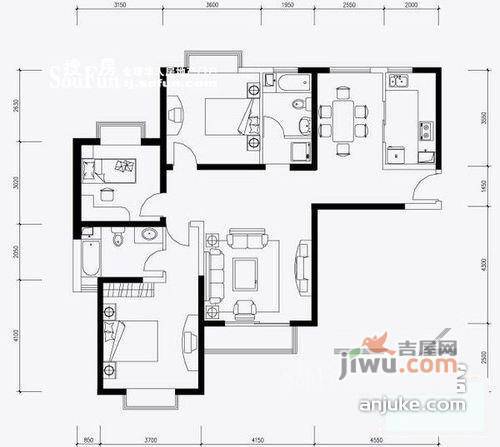 伊顿玫瑰公寓3室2厅2卫130㎡户型图