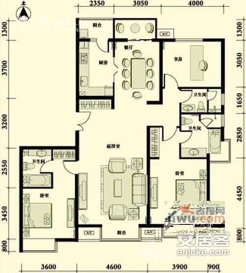 富力城天越园3室2厅2卫197㎡户型图