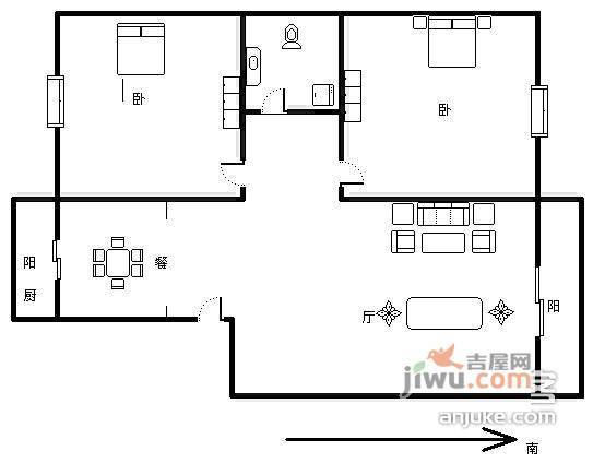 兴泰公寓2室2厅1卫120㎡户型图