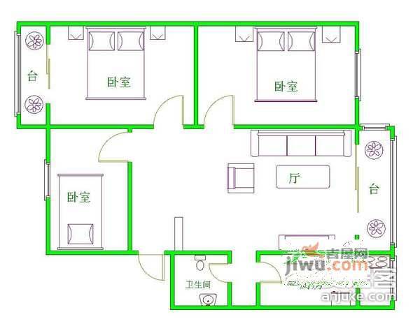 山海花园3室2厅1卫116㎡户型图