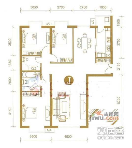 富力湾3室2厅2卫174㎡户型图