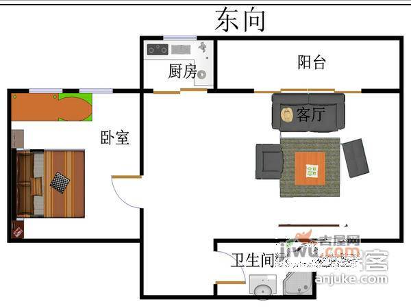 东华里1室1厅1卫62㎡户型图