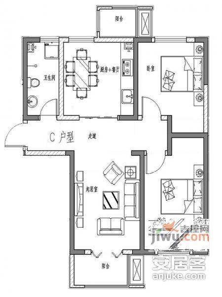 青苹果e族2室1厅1卫93㎡户型图