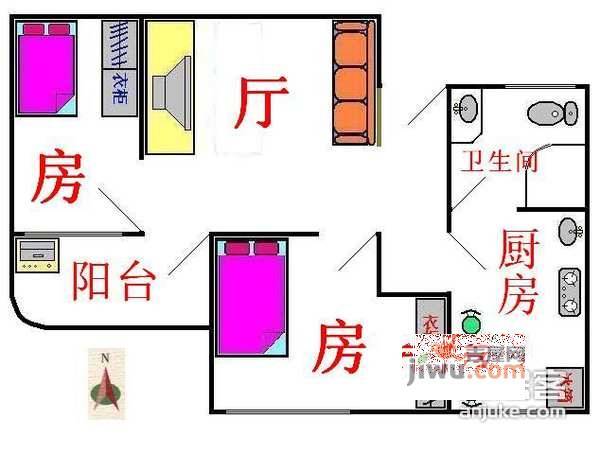 荣馨阁2室1厅1卫65㎡户型图