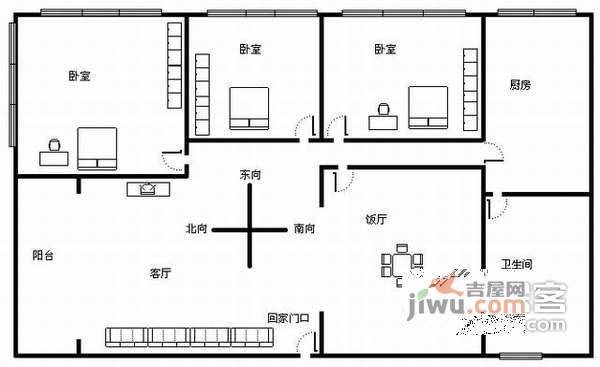 豪贤路小区3室2厅1卫101㎡户型图