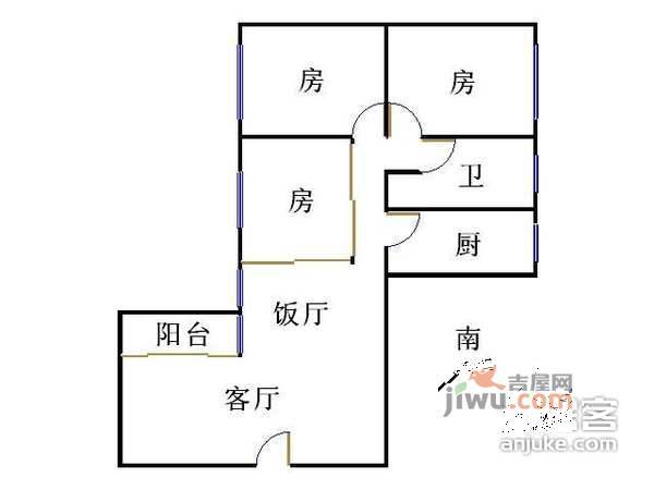 松园大厦3室2厅1卫89㎡户型图