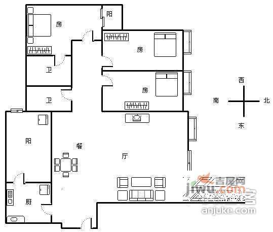 荔湾广场3室1厅2卫95㎡户型图