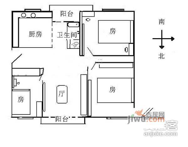 广园云苑新村3室2厅1卫93㎡户型图