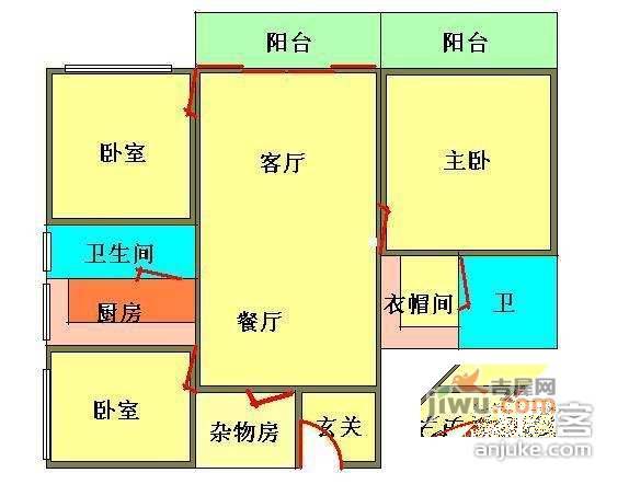 紫荆小区3室2厅2卫106㎡户型图