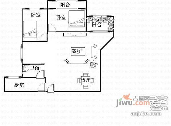 怡乐花园2室2厅1卫82㎡户型图