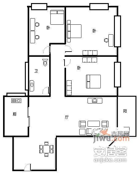 淘金坑住宅小区3室2厅1卫101㎡户型图