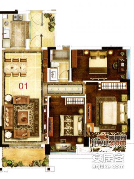 雅居乐城南源著3室2厅1卫95㎡户型图