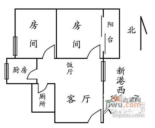 新港西路小区2室1厅1卫76㎡户型图