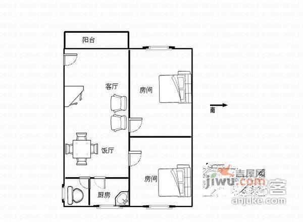 鹭苑公寓2室2厅1卫74㎡户型图