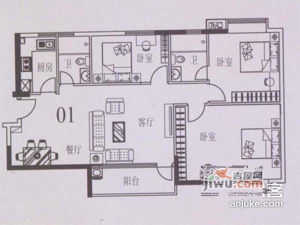 江南美景花园3室2厅2卫122㎡户型图