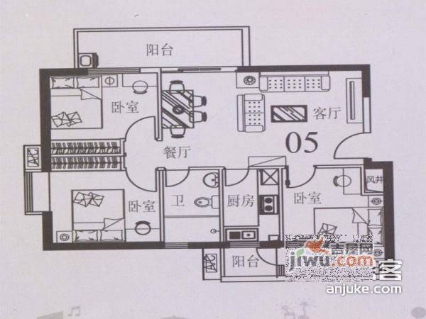 江南美景花园3室1厅1卫87㎡户型图