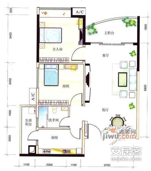 芳满庭园2室2厅1卫78㎡户型图