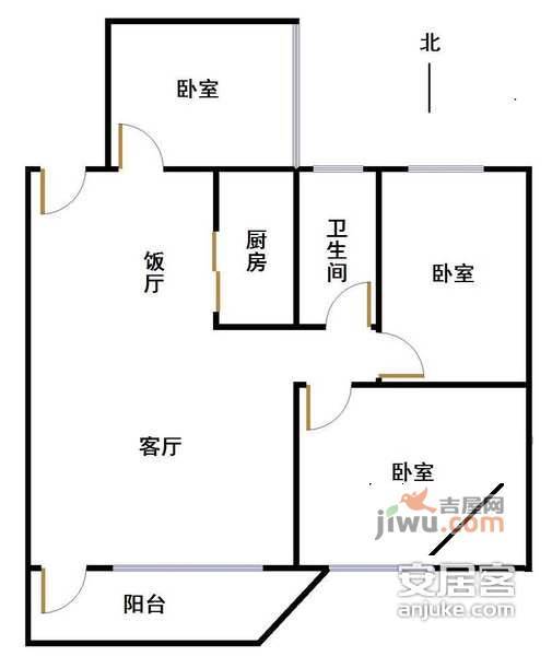 鸿运花园3室2厅1卫116㎡户型图