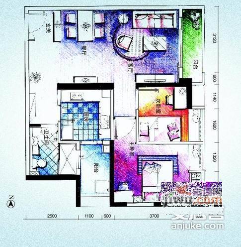 嘉宝华庭2室1厅1卫86㎡户型图