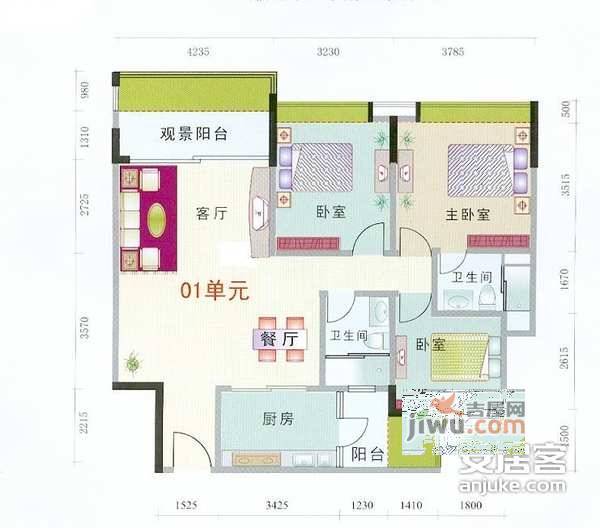 白云骏景3室2厅2卫108㎡户型图