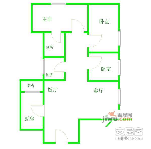 福莱花园3室2厅2卫96㎡户型图