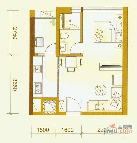 翠拥华庭1室1厅1卫59㎡户型图