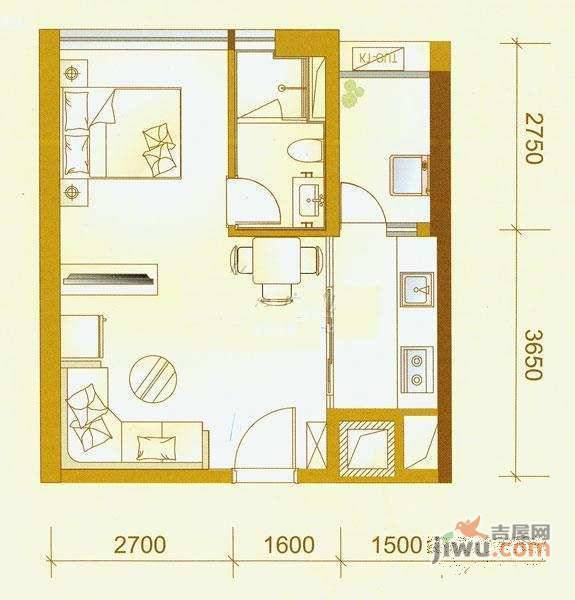 翠拥华庭1室1厅1卫59㎡户型图