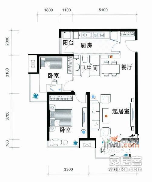 银利花苑2室1厅1卫87㎡户型图