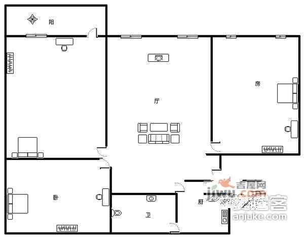 江南大道中路小区2室2厅1卫75㎡户型图