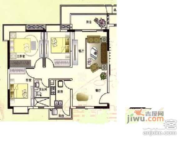 富力现代广场3室2厅1卫124㎡户型图