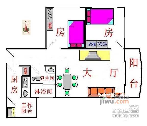 翠城花园2室1厅1卫88㎡户型图